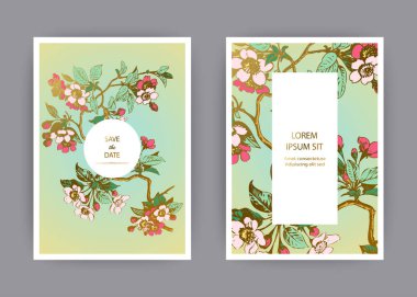 Botanik düğün davetiye kartı tasarım şablonu, elle çizilmiş sakura çiçekler ve dallarda, vintage kırsal kiraz çiçeği yeşil arka plan, retro tarzı pastel renk vektör çizim üzerinde bırakır