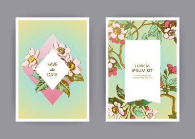 Botanik düğün davetiye kartı tasarım şablonu, elle çizilmiş sakura çiçekler ve dallarda, vintage kırsal kiraz çiçeği yeşil arka plan, retro tarzı pastel renk vektör çizim üzerinde bırakır