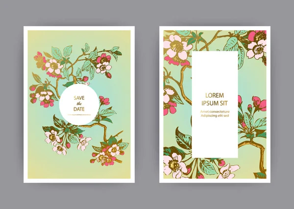 Mall För Botaniska Bröllop Inbjudan Kortdesign Handritad Sakura Blommor Och — Stock vektor