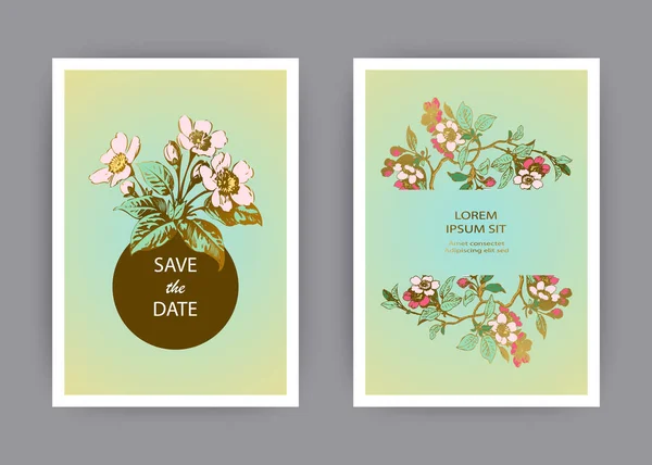 Botanische Bruiloft Uitnodiging Kaart Sjabloonontwerp Hand Getrokken Sakura Bloemen Bladeren — Stockvector