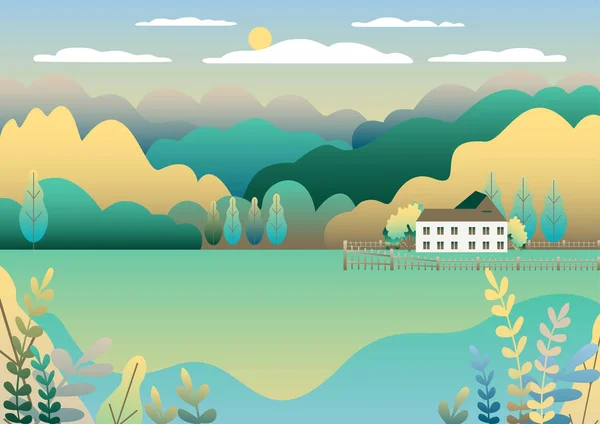 Rural valley Farm countryside. Village landscape with ranch in flat style design. Landscape with house farm one family, barn, building, hills, tree, mountains background cartoon vector illustration