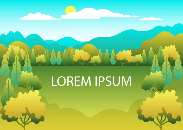 Tepeler ve dağlar manzara düz stil tasarım. Vadi arka plan. Güzel yeşil alanlar, çayır ve mavi gökyüzü. Hill, orman, ağaç, karikatür vektör kırsal konuma