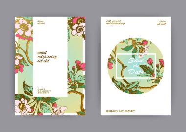 Botanik düğün davetiyesi şablonu tasarımı, el çizimi sakura çiçekleri ve dallarda yapraklar, yeşil altın çember arka planda klasik kiraz çiçekleri, retro pastel renk vektör çizimi