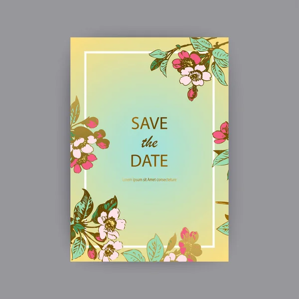 Modèle Carte Invitation Mariage Botanique Fleurs Feuilles Sakura Dessinées Main — Image vectorielle