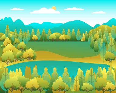 Dağ manzarası düz stil tasarımı. Göl geçmişi olan bir vadi. Güzel yeşil tarlalar, çayırlar, dağlar ve mavi gökyüzü. Tepenin, ormanın, ağaçların, çizgi film taşıyıcısının kırsal konumu