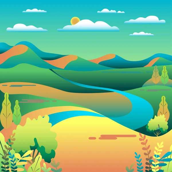 Colinas Montañas Paisaje Diseño Estilo Plano Fondo Del Valle Hermosos — Vector de stock