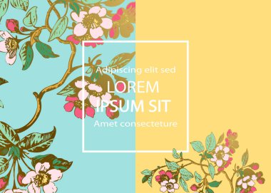 Botanik düğün davetiyesi şablonu tasarımı, sakura çiçekleri ve dallarda yapraklar, mavi arka planda klasik kiraz çiçekleri, retro tarzı pastel renk çizimi