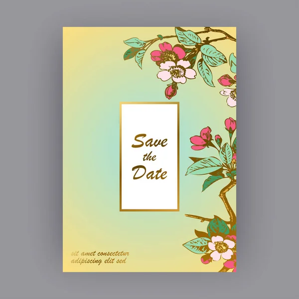 Botanische bruiloft uitnodiging kaart sjabloonontwerp, hand getrokken sakura bloemen en bladeren op takken, vintage landelijke kersenbloesem op groene gouden achtergrond, retro stijl pastel kleur vector — Stockvector