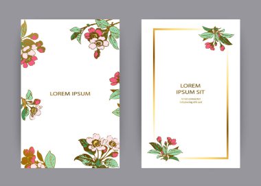 Botanik düğün davetiye kartı tasarım şablonu, elle çizilmiş sakura çiçekler ve dallarda, vintage kırsal kiraz çiçeği retro tarzı pastel renk vektör yeşil altın arka plan üzerinde bırakır