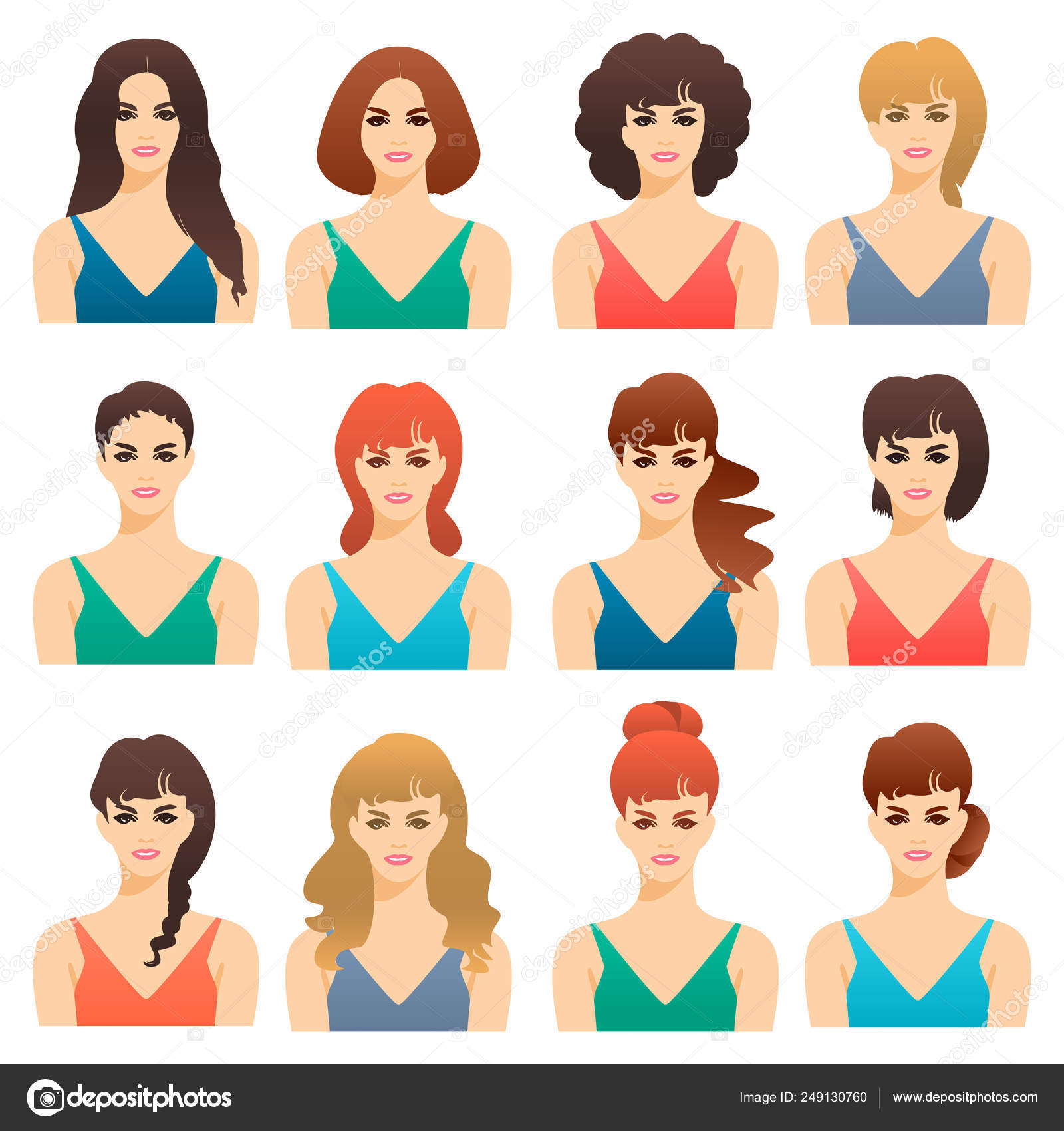 Set Of Cute Girls Women With Different Hairstyles And Color Vector