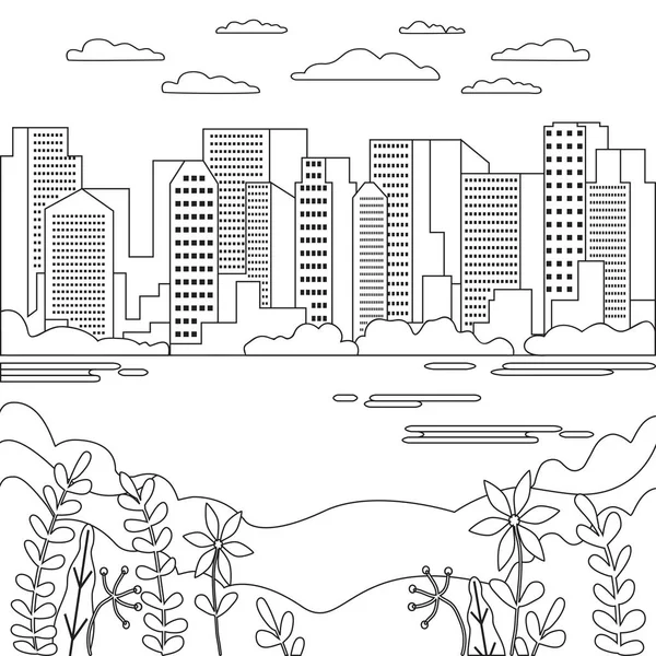 Tunn linje staden landskap ikonen. Panorama design urban modern stad med höga skyskrapor, byggnader, sky, moln linje konst stile abstrakt bakrund, linjär vektorillustration — Stock vektor