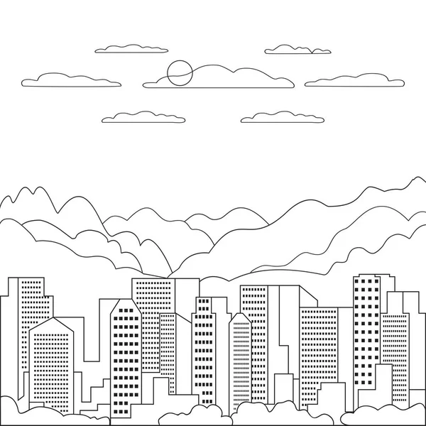 Icono de paisaje de ciudad de línea delgada. Diseño panorámico ciudad moderna urbana con rascacielos altos, edificios, cielo, nubes Línea arte stile fondo abstracto, ilustración vector lineal — Vector de stock