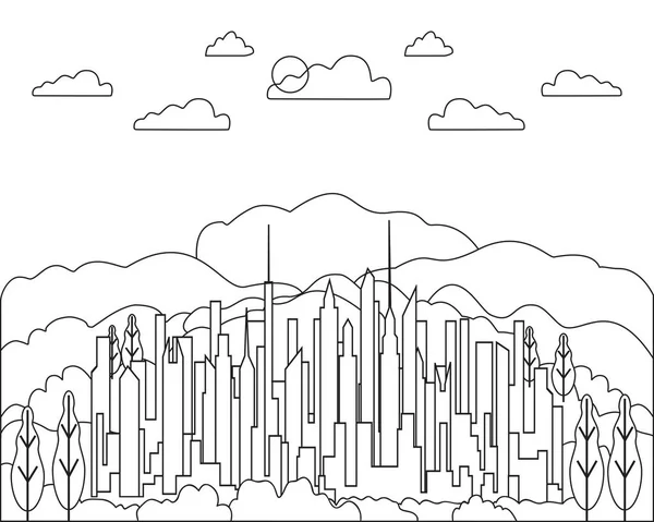 细线城市景观图标。全景设计具有高摩天大楼、建筑物、天空、云线艺术台阶的城市现代城市, 抽象背圆, 线性矢量插图 — 图库矢量图片