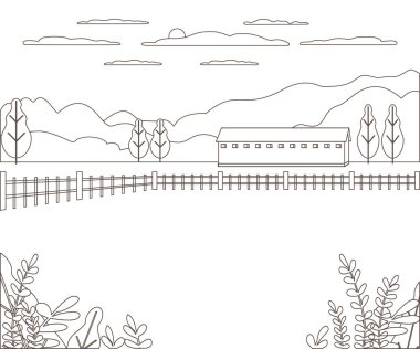 İnce çizgi anahat manzara kırsal çiftlik. Panorama Tasarım Köyü dağ, tepe, ağaç, gökyüzü, bulut ve güneş ile modern. Hat sanatı stile soyut artalanları doğrusal vektör çizim