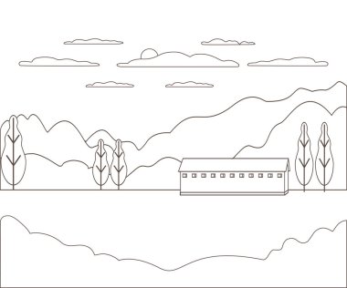 İnce çizgi anahat manzara kırsal çiftlik. Panorama Tasarım Köyü dağ, tepe, ağaç, gökyüzü, bulut ve güneş ile modern. Hat sanatı stile soyut artalanları doğrusal vektör çizim
