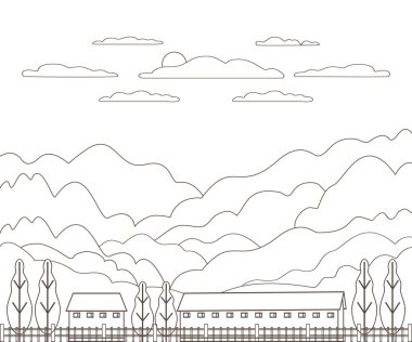 İnce çizgi anahat manzara kırsal çiftlik. Panorama Tasarım Köyü dağ, tepe, ağaç, gökyüzü, bulut ve güneş ile modern. Hat sanatı stile soyut artalanları doğrusal vektör çizim