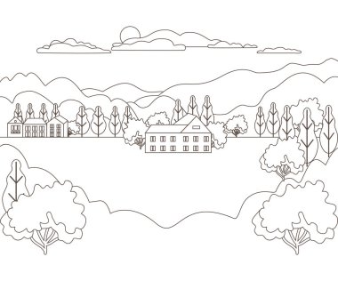 İnce çizgi anahat manzara kırsal çiftlik. Panorama Tasarım Köyü dağ, tepe, ağaç, gökyüzü, bulut ve güneş ile modern. Hat sanatı stile soyut artalanları doğrusal vektör çizim
