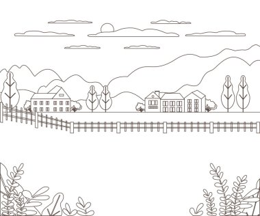 İnce çizgi anahat manzara kırsal çiftlik. Panorama Tasarım Köyü dağ, tepe, ağaç, gökyüzü, bulut ve güneş ile modern. Hat sanatı stile soyut artalanları doğrusal vektör çizim