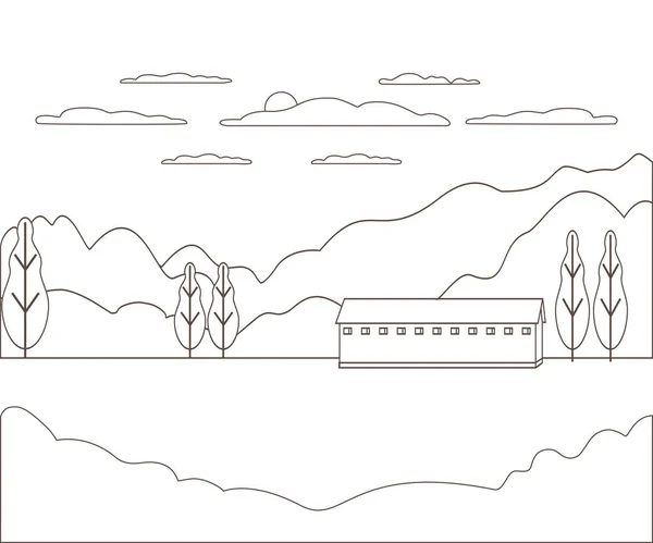 Línea delgada delinear paisaje granja rural. Villa de diseño panorámico moderna con montaña, colina, árbol, cielo, nube y sol. Arte lineal stile abstracto backround vector lineal ilustración — Vector de stock