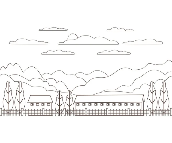 İnce çizgi anahat manzara kırsal çiftlik. Panorama Tasarım Köyü dağ, tepe, ağaç, gökyüzü, bulut ve güneş ile modern. Hat sanatı stile soyut artalanları doğrusal vektör çizim — Stok Vektör