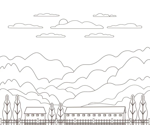 İnce çizgi anahat manzara kırsal çiftlik. Panorama Tasarım Köyü dağ, tepe, ağaç, gökyüzü, bulut ve güneş ile modern. Hat sanatı stile soyut artalanları doğrusal vektör çizim — Stok Vektör