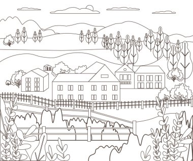 İnce çizgi anahat manzara kırsal çiftlik. Panorama açık tasarım Köyü dağ, tepe, ağaç, gökyüzü, bulut ve güneş ile modern. Hat sanatı stile soyut artalanları vektör çizim