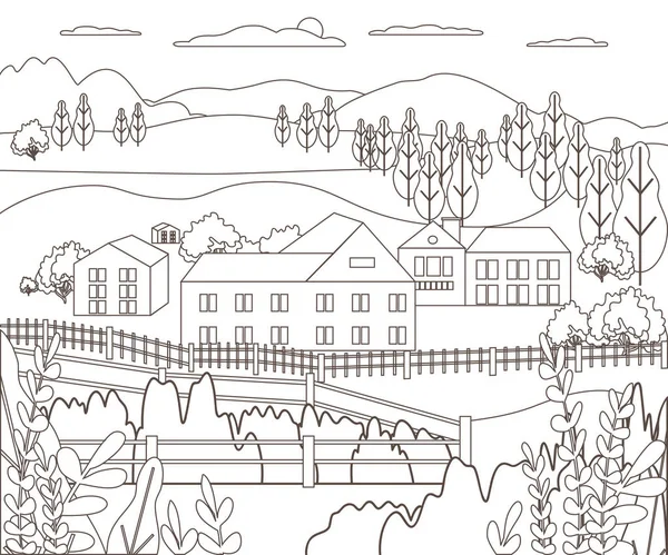 İnce çizgi anahat manzara kırsal çiftlik. Panorama açık tasarım Köyü dağ, tepe, ağaç, gökyüzü, bulut ve güneş ile modern. Hat sanatı stile soyut artalanları vektör çizim — Stok Vektör