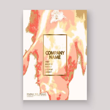 Mercan altın lüks boya sanatsal, düğün davetiye tasarım mermer. Dekoratif pembe altın sıçrama sıvı beyaz arka plan üzerinde vektör çizim Trendy şablon vektör kapak kart el ilanı sonrası