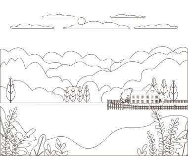 İnce çizgi anahat peyzaj kırsal çiftlik. Dağ, tepe, ağaç, gökyüzü, bulut ve güneş ile Panorama açık tasarım köyü modern. Çizgi sanat tarzı soyut arka plan, doğrusal vektör illüstrasyon