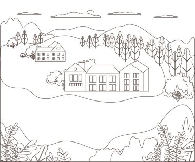 İnce çizgi anahat peyzaj kırsal çiftlik. Dağ, tepe, ağaç, gökyüzü, bulut ve güneş ile Panorama açık tasarım köyü modern. Çizgi sanat tarzı soyut arka plan, doğrusal vektör illüstrasyon