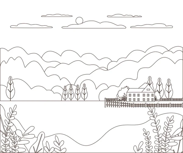 Línea delgada delinear paisaje granja rural. Panorama pueblo de diseño exterior moderno con montaña, colina, árbol, cielo, nube y sol. Estilo de arte de línea fondo abstracto, ilustración vectorial lineal — Vector de stock