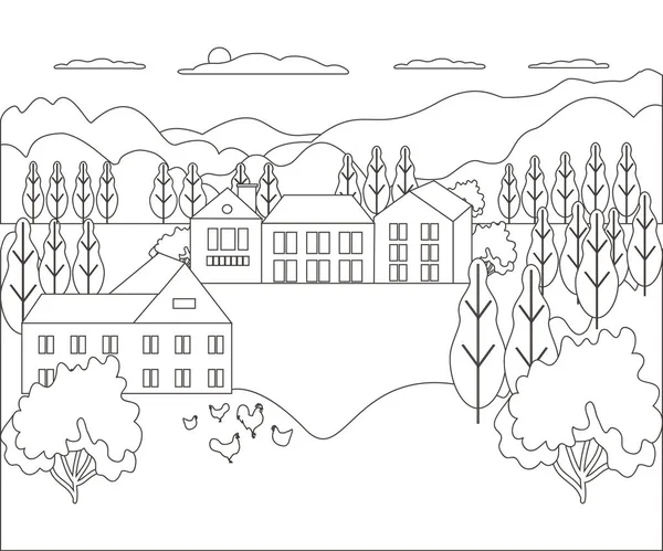 İnce çizgi anahat peyzaj kırsal çiftlik. Dağ, tepe, ağaç, gökyüzü, bulut ve güneş ile Panorama açık tasarım köyü modern. Çizgi sanat tarzı soyut arka plan, doğrusal vektör illüstrasyon — Stok Vektör
