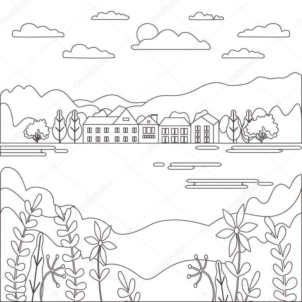 Thin line outline landscape rural farm. Panorama outdoor design village modern with river, hill, tree, sky, cloud and sun. Line art style abstract background, linear vector illustration