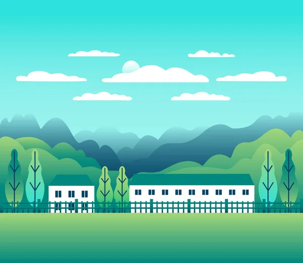 Colinas y montañas paisaje con granja de la casa en el diseño de estilo plano. Bosque en el valle ilustración. Hermosos campos verdes, prados, árboles, cielo y sol. Ubicación rural en la colina, bosque, vector de dibujos animados — Vector de stock