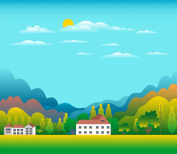 Colinas y montañas paisaje con granja de la casa en el diseño de estilo plano. Bosque en el valle ilustración. Hermosos campos verdes, prados, árboles, cielo y sol. Ubicación rural en la colina, bosque, vector de dibujos animados — Archivo Imágenes Vectoriales