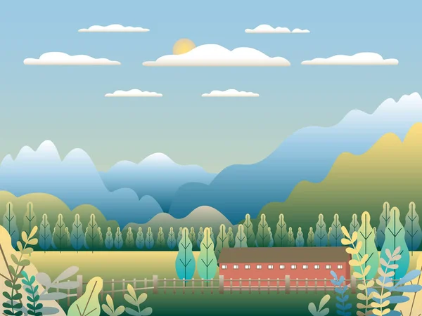 Colinas y montañas paisaje con granja de la casa en el diseño de estilo plano. Bosque en el valle ilustración. Hermosos campos verdes, prados, árboles, cielo y sol. Ubicación rural en la colina, bosque, vector de dibujos animados — Archivo Imágenes Vectoriales