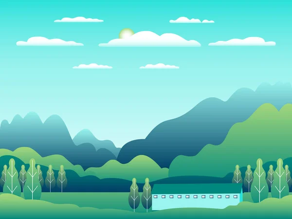 Hügellandschaft und Berglandschaft mit Bauernhof im flachen Stil. Wald im Tal. schöne grüne Wiesen, Wiese, Baum, Himmel und Sonne. ländliche Lage im Hügel, Wald, Cartoon-Vektor — Stockvektor