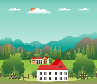 Düz stil tasarım Hills manzara. Vadi arka planı. Güzel yeşil alanlar, çayır, dağlar ve mavi gökyüzü. Tepede kırsal konumu, orman, ağaçlar, karikatür vektör