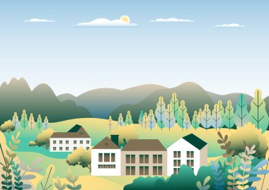 Düz stil tasarım Hills manzara. Vadi arka planı. Güzel yeşil alanlar, çayır, dağlar ve mavi gökyüzü. Tepede kırsal konumu, orman, ağaçlar, karikatür vektör