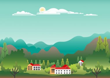 Düz stil tasarım Hills manzara. Vadi arka planı. Güzel yeşil alanlar, çayır, dağlar ve mavi gökyüzü. Tepede kırsal konumu, orman, ağaçlar, karikatür vektör