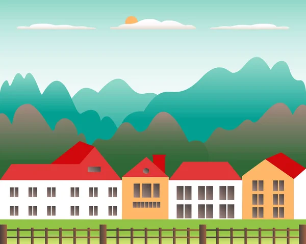 Rural valley Farm countryside. Village landscape with ranch in flat style design. Landscape with house farm family, building, hills, tree, mountains, background cartoon vector illustration