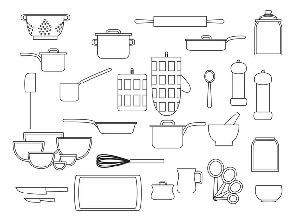 Coleção de utensílios de cozinha e utensílios de cozinha conjunto de utensílios de cozinha para cozinhar em casa, ilustração vetorial plana, contorno branco preto — Vetor de Stock