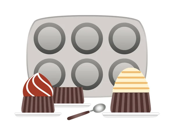 Padelle da forno per cupcake e cupcake in piatto, sfondo piatto illustrazione vettoriale — Vettoriale Stock