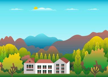 Tepeler ve dağlar manzaralı, ev çiftliği düz tasarım. Açık hava panorama kırsal illüstrasyon. Yeşil alan, ağaç, orman, mavi gökyüzü ve güneş. Kırsal konum çizgi film vektör arkaplanı