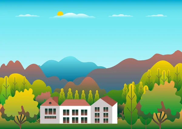 Colinas y montañas paisaje, granja de la casa en el diseño de estilo plano. Ilustración de paisaje al aire libre. Campo verde, árbol, bosque, cielo azul y sol. Localización rural dibujos animados vector fondo — Archivo Imágenes Vectoriales