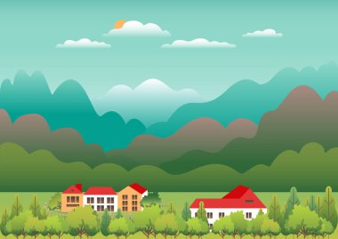 Tepeler ve dağlar manzaralı, ev çiftliği düz tasarım. Açık hava panorama kırsal illüstrasyon. Yeşil alan, ağaç, orman, mavi gökyüzü ve güneş. Kırsal konum çizgi film vektör arkaplanı