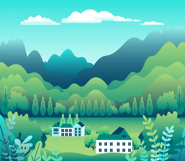 丘陵と山の風景、フラットスタイルのデザインの家の農場. — ストック写真