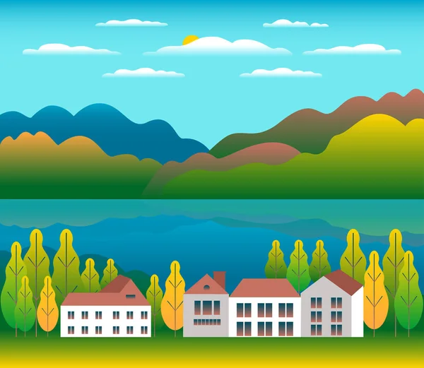 Hills and mountains landscape, house farm in flat style design.