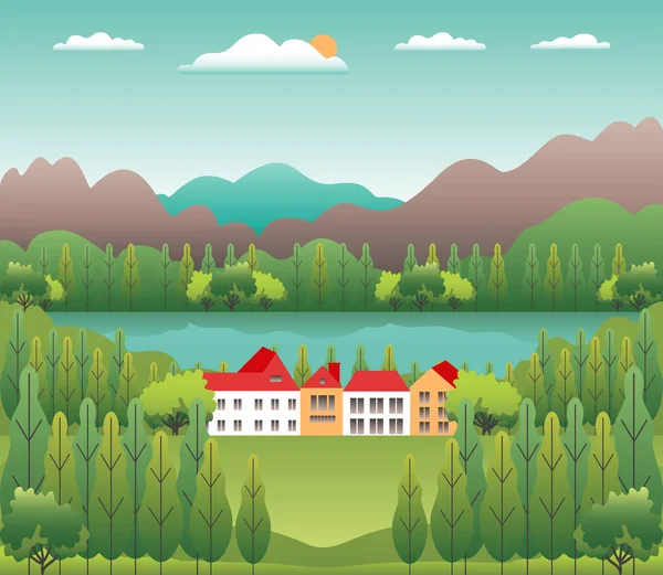 Hills and mountains landscape, house farm in flat style design.