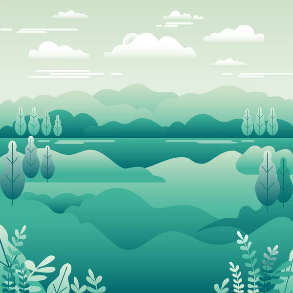 Холмы Пейзаж Плоском Стиле Дизайна Долина Озерным Фоном Красивые Зеленые — стоковый вектор